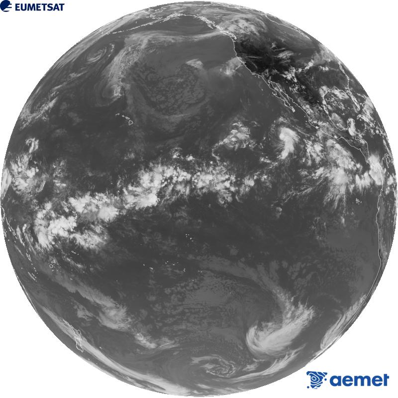 Imagen global del canal infrarrojo (longitud de onda 10.3 �m) del sat�lite estadounidense GOES-18. Las horas indicadas se refieren a la pen�nsula (una hora menos en las Islas Canarias).&nbsp;mi�rcoles, 09 septiembre 2026 a las 23:00