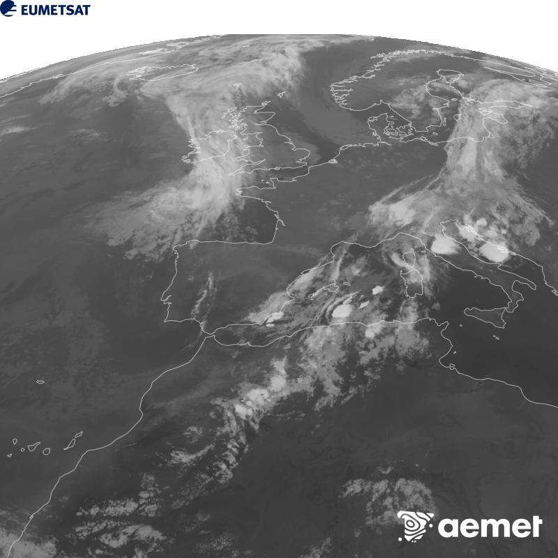Esta imaxe x�rase utilizando informaci�n da canle Infravermella 10.5 �m do sat�lite METEOSAT-12, pertencente � terceira xeraci�n de sat�lites Meteosat (MTG). Para que a imaxe se asemelle m�is � percepci�n do ollo humano, a escala de grises est� investida. As horas indicadas ref�rense � pen�nsula (unha hora menos nas Illas Canarias).&nbsp;xoves, 10 setembro  2026 00:00