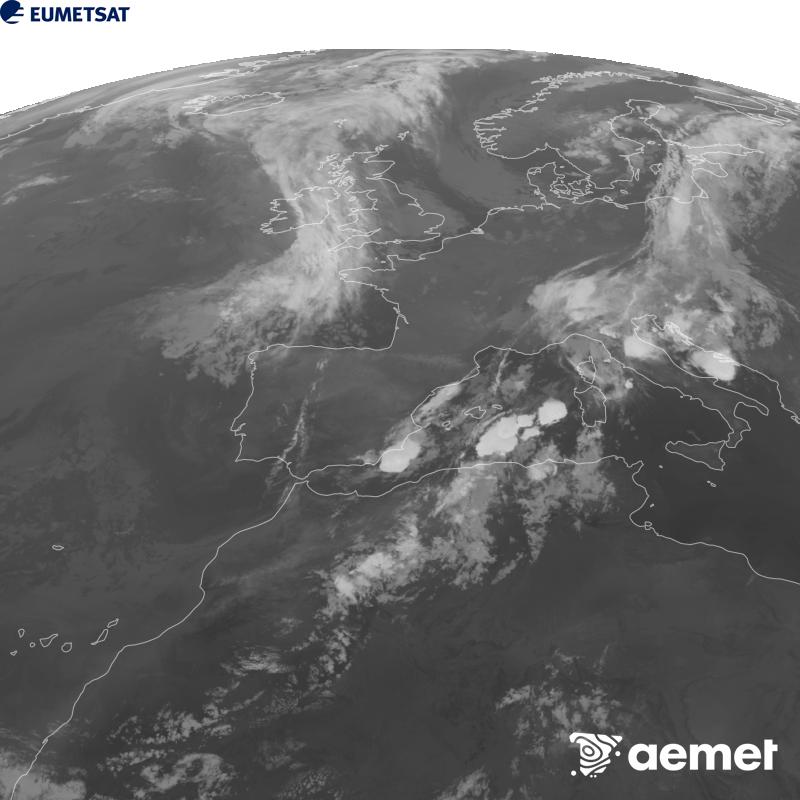Esta imaxe x�rase utilizando informaci�n da canle Infravermella 10.5 �m do sat�lite METEOSAT-12, pertencente � terceira xeraci�n de sat�lites Meteosat (MTG). Para que a imaxe se asemelle m�is � percepci�n do ollo humano, a escala de grises est� investida. As horas indicadas ref�rense � pen�nsula (unha hora menos nas Illas Canarias).&nbsp;xoves, 10 setembro  2026 01:00