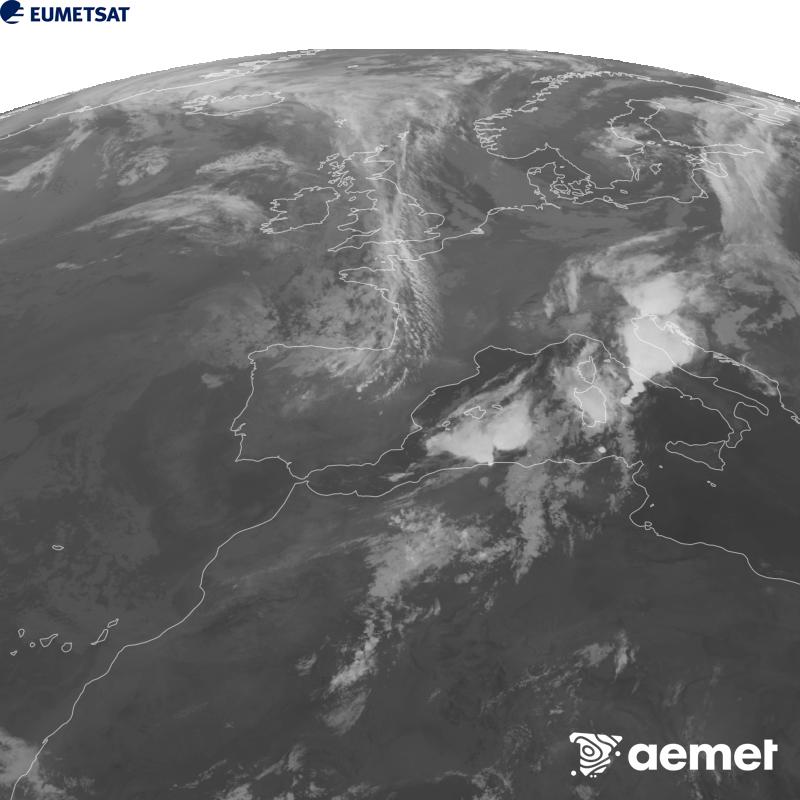 Esta imaxe x�rase utilizando informaci�n da canle Infravermella 10.5 �m do sat�lite METEOSAT-12, pertencente � terceira xeraci�n de sat�lites Meteosat (MTG). Para que a imaxe se asemelle m�is � percepci�n do ollo humano, a escala de grises est� investida. As horas indicadas ref�rense � pen�nsula (unha hora menos nas Illas Canarias).&nbsp;xoves, 10 setembro  2026 08:00