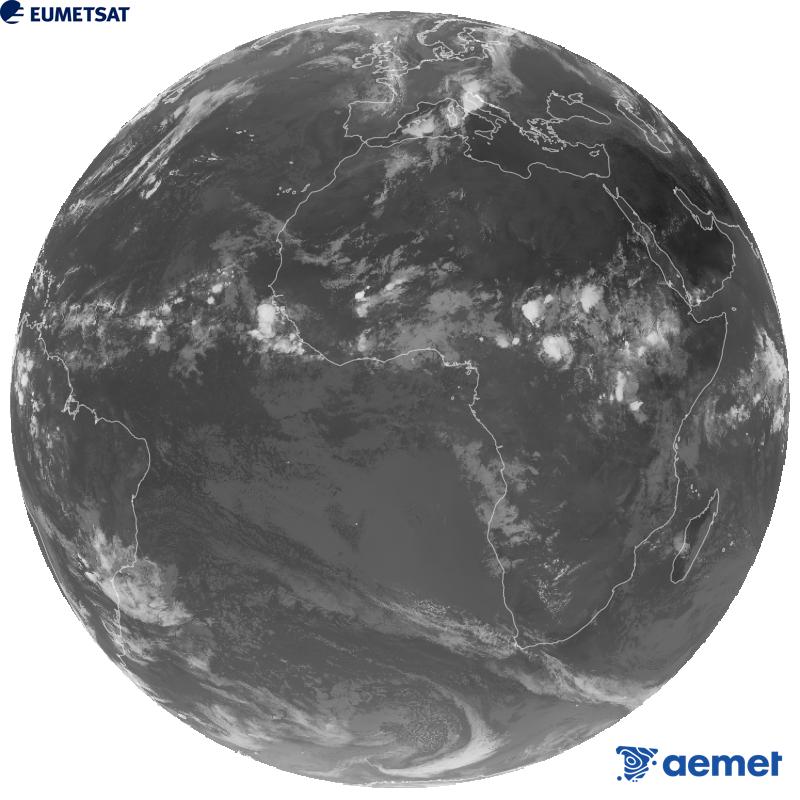 Imagen global del canal infrarrojo (longitud de onda 10.5 �m) del sat�lite geoestacionario europeo Meteosat-12, perteneciente a la tercera generaci�n de sat�lites Meteosat. Las horas indicadas se refieren a la pen�nsula (una hora menos en las Islas Canarias).&nbsp;jueves, 10 septiembre 2026 a las 08:00