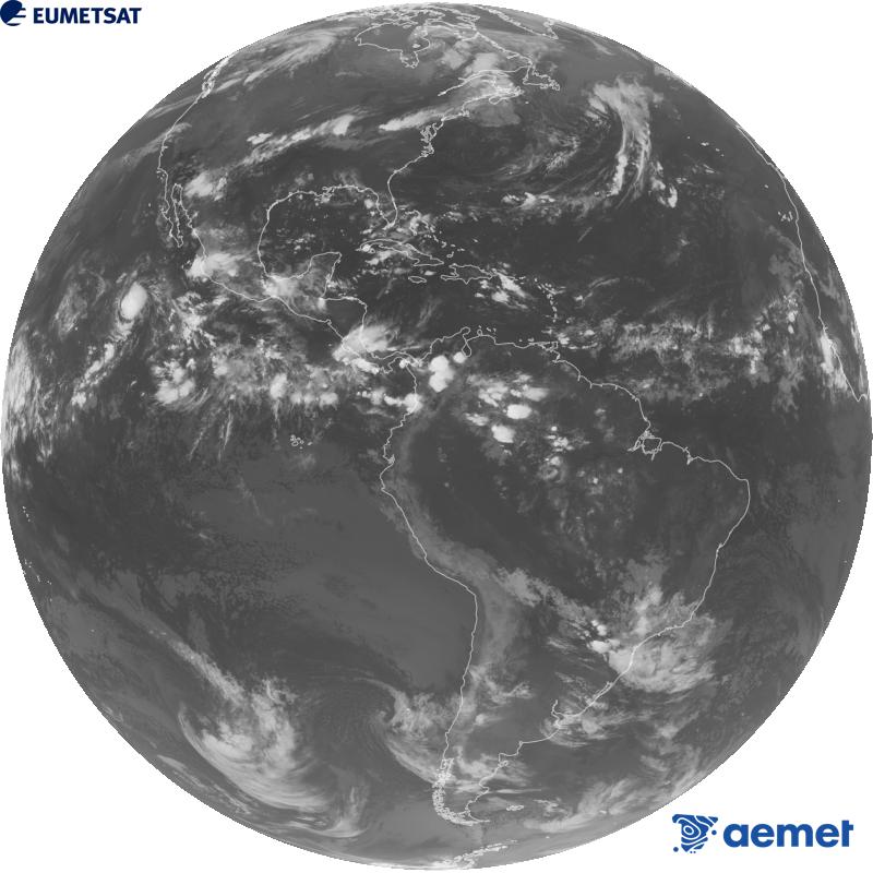 Imatge global del canal infraroig (longitud d'ona 10.3 �m) del sat�l�lit geoestacionari estatunidenc GOES-19. Les hores indicades es referixen a la pen�nsula (una hora menys a les Illes Can�ries).&nbsp;dijous, 10 de setembre  2026 08:00