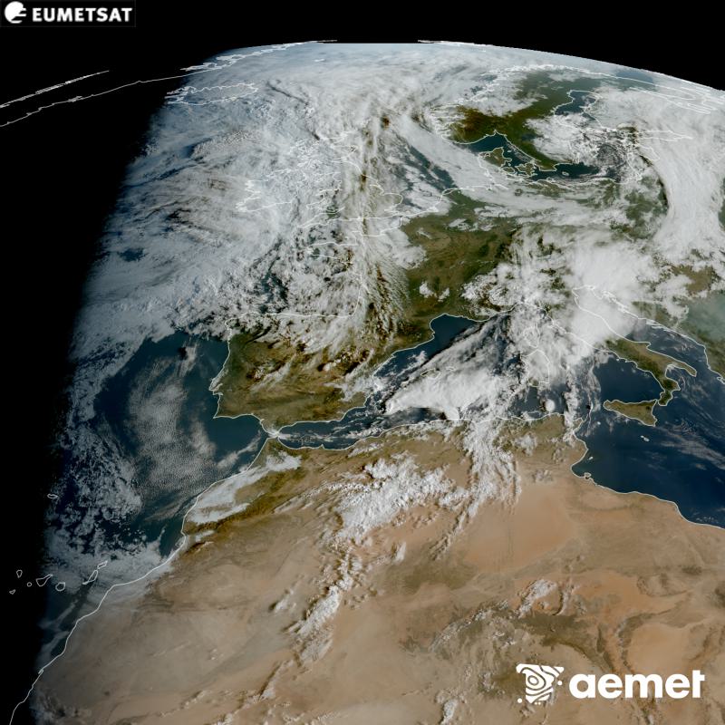 Esta imagen RGB se genera utilizando informaci�n de los canales visibles del sat�lite METEOSAT-12, perteneciente a la tercera generaci�n de sat�lites Meteosat (MTG). Por ese motivo, s�lo hay informaci�n en la zona iluminada por el sol. Nos muestra una imagen con una apariencia muy similar a la que percibir�a el ojo humano desde el espacio. Las horas indicadas se refieren a la pen�nsula (una hora menos en las Islas Canarias).&nbsp;jueves, 10 septiembre 2026 a las 09:00