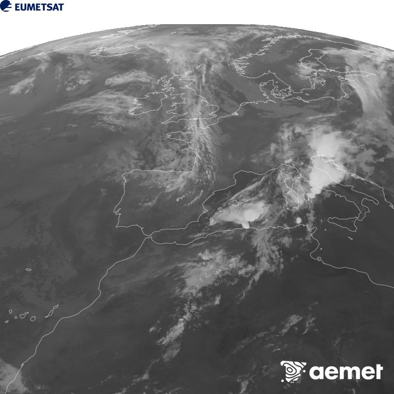 Esta imaxe x�rase utilizando informaci�n da canle Infravermella 10.5 �m do sat�lite METEOSAT-12, pertencente � terceira xeraci�n de sat�lites Meteosat (MTG). Para que a imaxe se asemelle m�is � percepci�n do ollo humano, a escala de grises est� investida. As horas indicadas ref�rense � pen�nsula (unha hora menos nas Illas Canarias).&nbsp;xoves, 10 setembro  2026 09:00