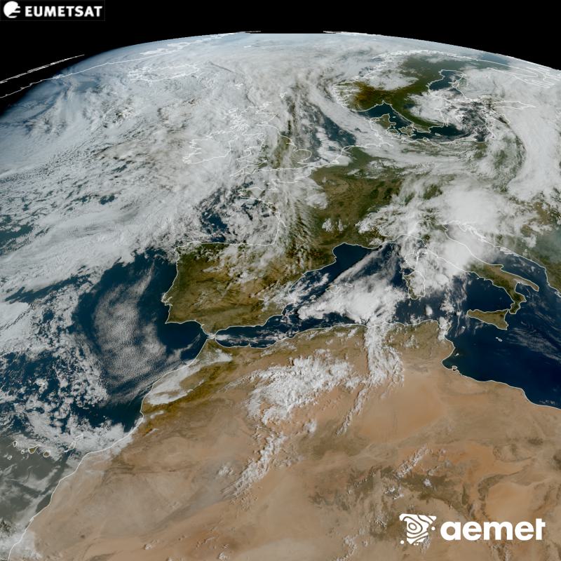 Esta imagen RGB se genera utilizando informaci�n de los canales visibles del sat�lite METEOSAT-12, perteneciente a la tercera generaci�n de sat�lites Meteosat (MTG). Por ese motivo, s�lo hay informaci�n en la zona iluminada por el sol. Nos muestra una imagen con una apariencia muy similar a la que percibir�a el ojo humano desde el espacio. Las horas indicadas se refieren a la pen�nsula (una hora menos en las Islas Canarias).&nbsp;jueves, 10 septiembre 2026 a las 10:00