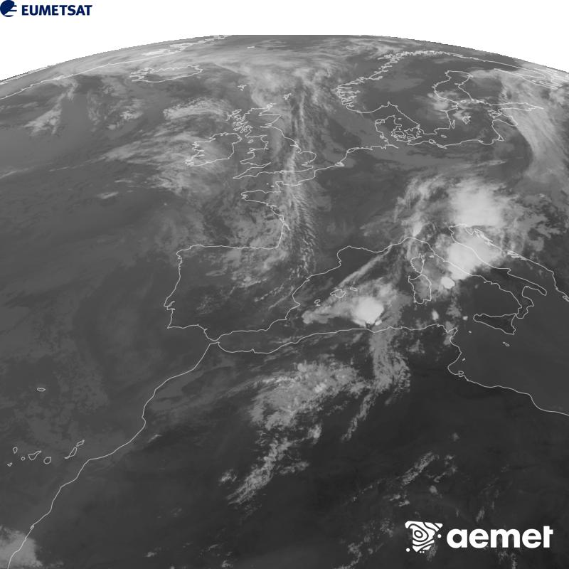 Esta imaxe x�rase utilizando informaci�n da canle Infravermella 10.5 �m do sat�lite METEOSAT-12, pertencente � terceira xeraci�n de sat�lites Meteosat (MTG). Para que a imaxe se asemelle m�is � percepci�n do ollo humano, a escala de grises est� investida. As horas indicadas ref�rense � pen�nsula (unha hora menos nas Illas Canarias).&nbsp;xoves, 10 setembro  2026 10:00
