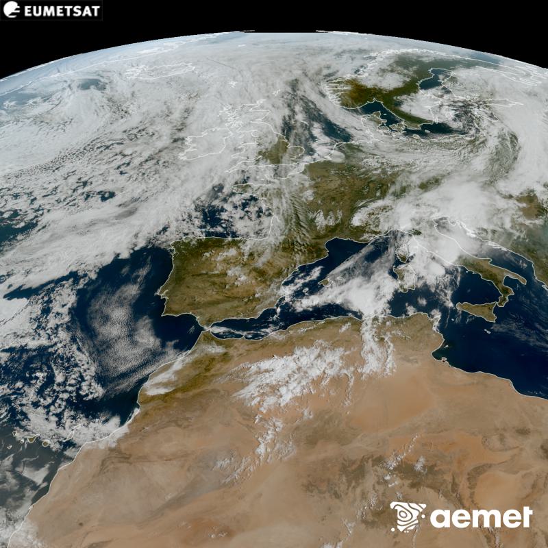 This RGB image is generated using data from the visible channels of the METEOSAT-12 satellite, which belongs to the third generation of Meteosat satellites (MTG). For this reason, data is only available for the area illuminated by the sun. It shows an image that looks very similar to what the human eye would perceive from space. The times shown refer to mainland Spain (one hour earlier in the Canary Islands).&nbsp;Thursday, 10 September  2026 11:00