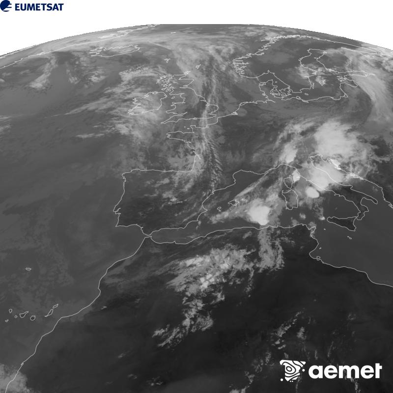 Esta imaxe x�rase utilizando informaci�n da canle Infravermella 10.5 �m do sat�lite METEOSAT-12, pertencente � terceira xeraci�n de sat�lites Meteosat (MTG). Para que a imaxe se asemelle m�is � percepci�n do ollo humano, a escala de grises est� investida. As horas indicadas ref�rense � pen�nsula (unha hora menos nas Illas Canarias).&nbsp;xoves, 10 setembro  2026 11:00