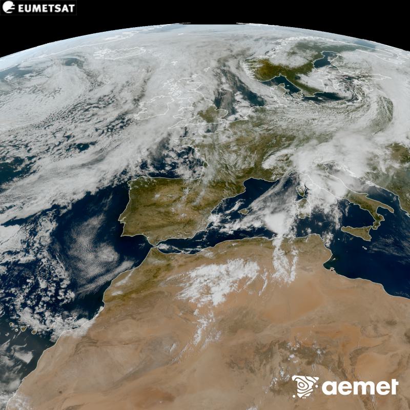 RGB irudi hori METEOSAT-12 satelitearen kanal ikusgarrien informazioa erabiliz sortzen da, Meteosat (MTG) sateliteen hirugarren belaunaldikoa. Horregatik, eguzkiak argiztatzen duen eremuan baino ez dago informaziorik. Espaziotik giza begiak ikusiko lukeenaren oso antzeko itxura duen irudi bat erakusten digu. Ordu horiek penintsulari dagozkio (ordubete gutxiago Kanariar Uharteetan).&nbsp;osteguna, 2026ko irailak 10, ordua: 12:00