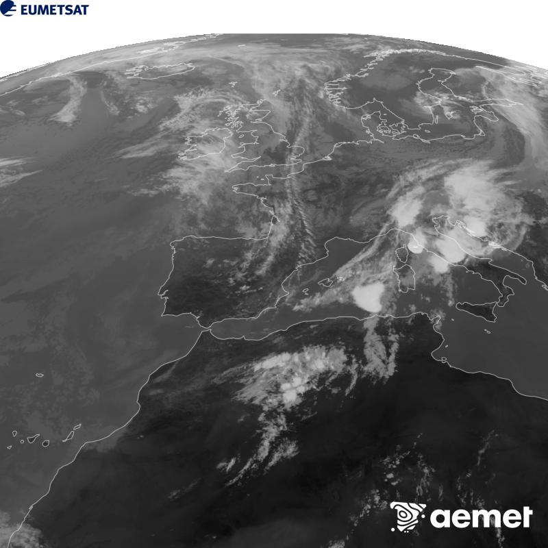 Cette image a �t� g�n�r�e � partir des donn�es du canal infrarouge 10,5 �m du satellite METEOSAT-12, qui fait partie de la troisi�me g�n�ration de satellites Meteosat (MTG). Afin que l'image se rapproche davantage de la perception de l'oeil humain, l'�chelle de gris a �t� invers�e. Les heures indiqu�es se rapportent � la p�ninsule (une heure de moins aux �les Canaries).&nbsp;jeudi, 10 septembre  2026 12:00