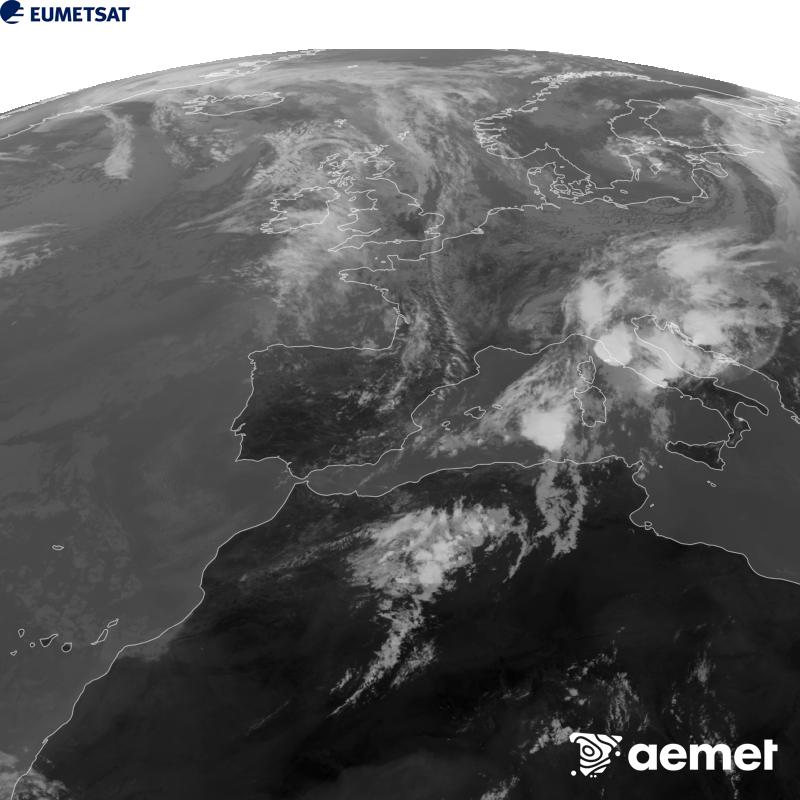 Cette image a �t� g�n�r�e � partir des donn�es du canal infrarouge 10,5 �m du satellite METEOSAT-12, qui fait partie de la troisi�me g�n�ration de satellites Meteosat (MTG). Afin que l'image se rapproche davantage de la perception de l'oeil humain, l'�chelle de gris a �t� invers�e. Les heures indiqu�es se rapportent � la p�ninsule (une heure de moins aux �les Canaries).&nbsp;jeudi, 10 septembre  2026 13:00