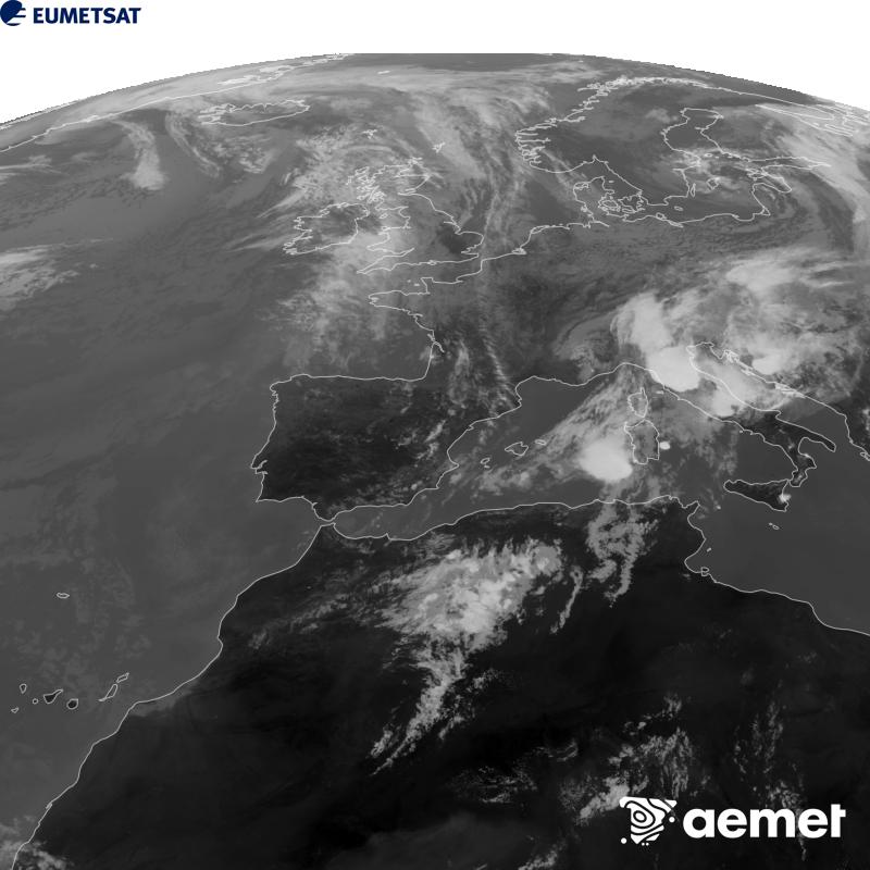 Esta imatge es genera utilitzant informaci� del canal Infraroig 10.5 �m del sat�l�lit METEOSAT-12, pertanyent a la tercera generaci� de sat�l�lits Meteosat (MTG). Perqu� la imatge s'assemble m�s a la percepci� de l'ull hum�, l'escala de grises est� invertida. Les hores indicades es referixen a la pen�nsula (una hora menys a les Illes Can�ries).&nbsp;dijous, 10 de setembre  2026 14:00