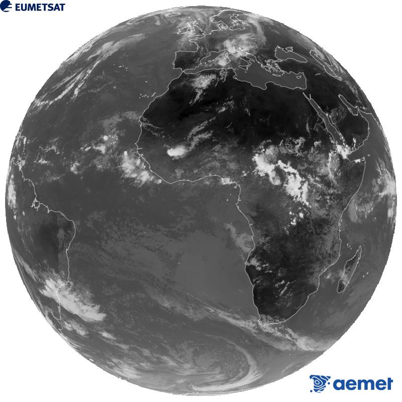 Imagen global del canal infrarrojo (longitud de onda 10.5 �m) del sat�lite geoestacionario europeo Meteosat-12, perteneciente a la tercera generaci�n de sat�lites Meteosat. Las horas indicadas se refieren a la pen�nsula (una hora menos en las Islas Canarias).&nbsp;jueves, 10 septiembre 2026 a las 14:00