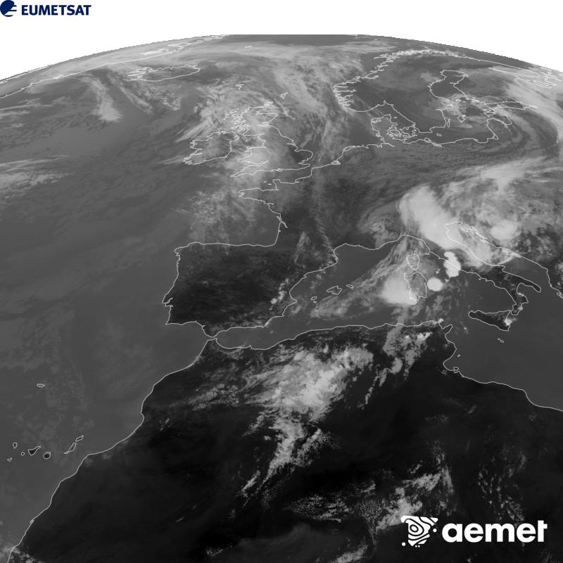 Esta imatge es genera utilitzant informaci� del canal Infraroig 10.5 �m del sat�l�lit METEOSAT-12, pertanyent a la tercera generaci� de sat�l�lits Meteosat (MTG). Perqu� la imatge s'assemble m�s a la percepci� de l'ull hum�, l'escala de grises est� invertida. Les hores indicades es referixen a la pen�nsula (una hora menys a les Illes Can�ries).&nbsp;dijous, 10 de setembre  2026 15:00