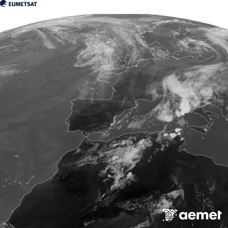 Esta imatge es genera utilitzant informaci� del canal Infraroig 10.5 �m del sat�l�lit METEOSAT-12, pertanyent a la tercera generaci� de sat�l�lits Meteosat (MTG). Perqu� la imatge s'assemble m�s a la percepci� de l'ull hum�, l'escala de grises est� invertida. Les hores indicades es referixen a la pen�nsula (una hora menys a les Illes Can�ries).&nbsp;dijous, 10 de setembre  2026 16:00