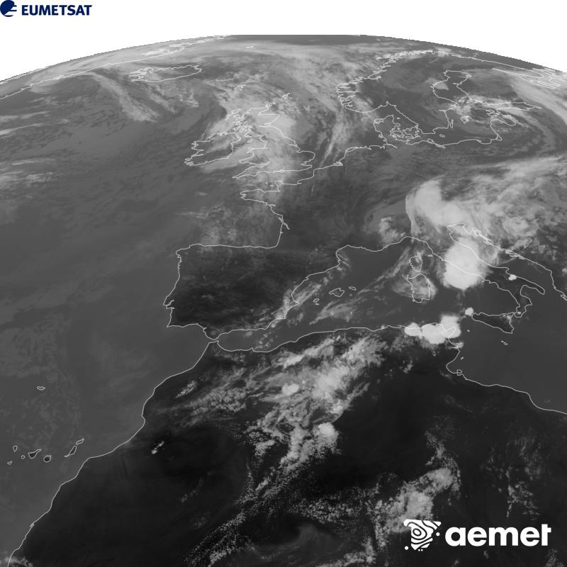 Esta imatge es genera utilitzant informaci� del canal Infraroig 10.5 �m del sat�l�lit METEOSAT-12, pertanyent a la tercera generaci� de sat�l�lits Meteosat (MTG). Perqu� la imatge s'assemble m�s a la percepci� de l'ull hum�, l'escala de grises est� invertida. Les hores indicades es referixen a la pen�nsula (una hora menys a les Illes Can�ries).&nbsp;dijous, 10 de setembre  2026 17:00