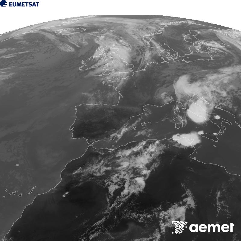 Esta imatge es genera utilitzant informaci� del canal Infraroig 10.5 �m del sat�l�lit METEOSAT-12, pertanyent a la tercera generaci� de sat�l�lits Meteosat (MTG). Perqu� la imatge s'assemble m�s a la percepci� de l'ull hum�, l'escala de grises est� invertida. Les hores indicades es referixen a la pen�nsula (una hora menys a les Illes Can�ries).&nbsp;dijous, 10 de setembre  2026 18:00