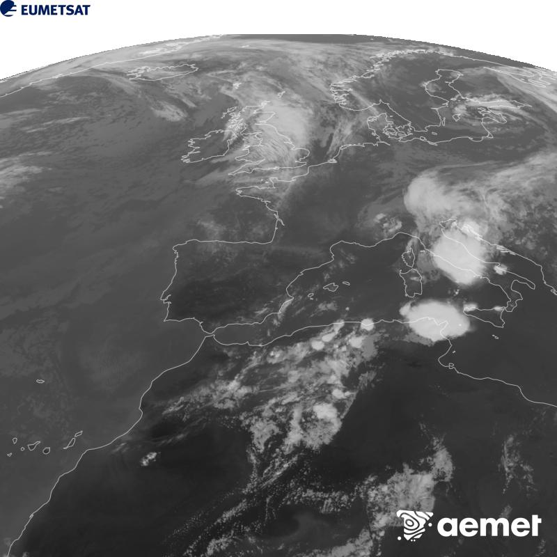 Esta imatge es genera utilitzant informaci� del canal Infraroig 10.5 �m del sat�l�lit METEOSAT-12, pertanyent a la tercera generaci� de sat�l�lits Meteosat (MTG). Perqu� la imatge s'assemble m�s a la percepci� de l'ull hum�, l'escala de grises est� invertida. Les hores indicades es referixen a la pen�nsula (una hora menys a les Illes Can�ries).&nbsp;dijous, 10 de setembre  2026 19:00