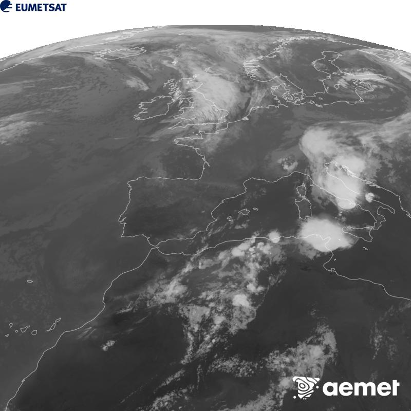 Esta imatge es genera utilitzant informaci� del canal Infraroig 10.5 �m del sat�l�lit METEOSAT-12, pertanyent a la tercera generaci� de sat�l�lits Meteosat (MTG). Perqu� la imatge s'assemble m�s a la percepci� de l'ull hum�, l'escala de grises est� invertida. Les hores indicades es referixen a la pen�nsula (una hora menys a les Illes Can�ries).&nbsp;dijous, 10 de setembre  2026 20:00