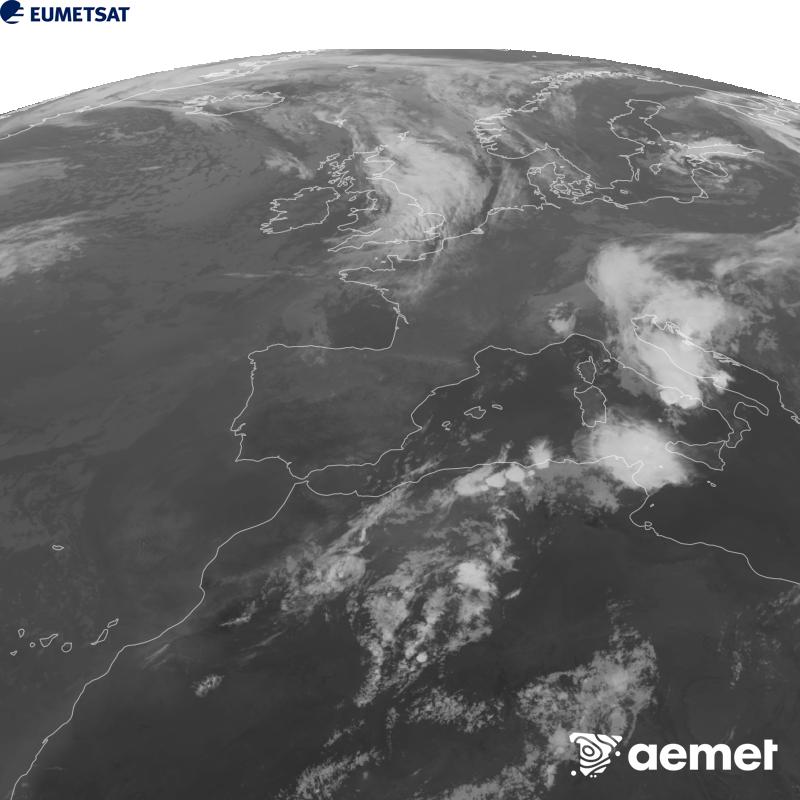 Esta imatge es genera utilitzant informaci� del canal Infraroig 10.5 �m del sat�l�lit METEOSAT-12, pertanyent a la tercera generaci� de sat�l�lits Meteosat (MTG). Perqu� la imatge s'assemble m�s a la percepci� de l'ull hum�, l'escala de grises est� invertida. Les hores indicades es referixen a la pen�nsula (una hora menys a les Illes Can�ries).&nbsp;dijous, 10 de setembre  2026 21:00