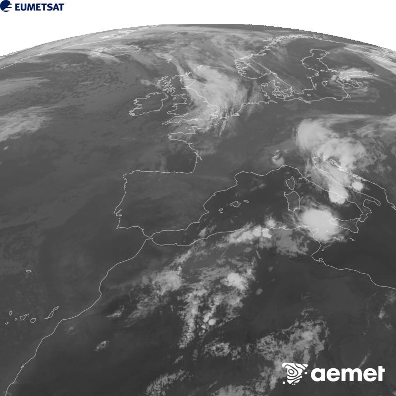 Esta imatge es genera utilitzant informaci� del canal Infraroig 10.5 �m del sat�l�lit METEOSAT-12, pertanyent a la tercera generaci� de sat�l�lits Meteosat (MTG). Perqu� la imatge s'assemble m�s a la percepci� de l'ull hum�, l'escala de grises est� invertida. Les hores indicades es referixen a la pen�nsula (una hora menys a les Illes Can�ries).&nbsp;dijous, 10 de setembre  2026 22:00