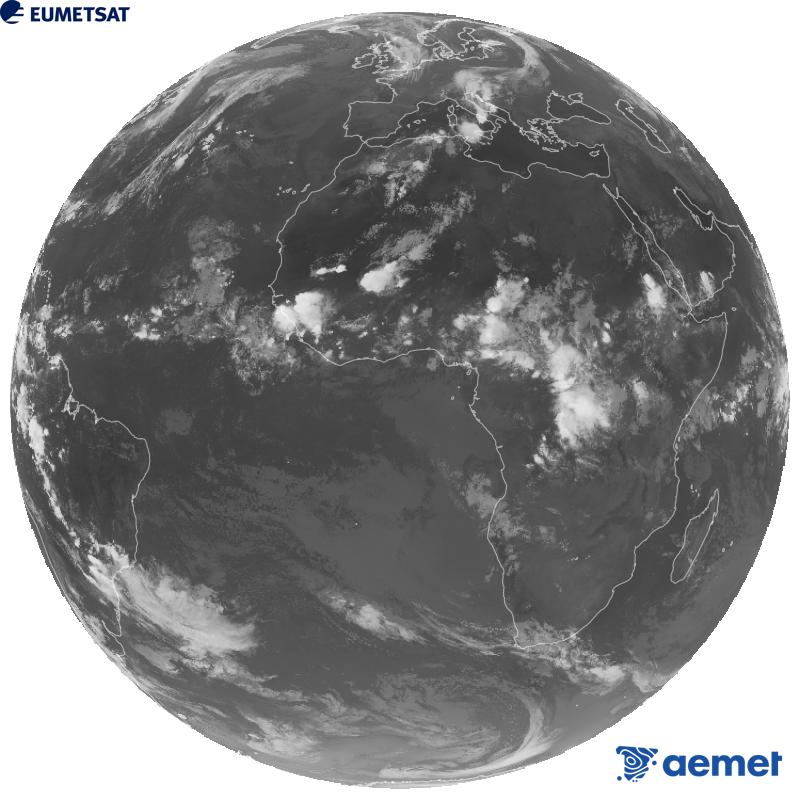 Imagen global del canal infrarrojo (longitud de onda 10.5 �m) del sat�lite geoestacionario europeo Meteosat-12, perteneciente a la tercera generaci�n de sat�lites Meteosat. Las horas indicadas se refieren a la pen�nsula (una hora menos en las Islas Canarias).&nbsp;jueves, 10 septiembre 2026 a las 23:00