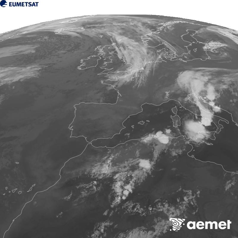 Esta imaxe x�rase utilizando informaci�n da canle Infravermella 10.5 �m do sat�lite METEOSAT-12, pertencente � terceira xeraci�n de sat�lites Meteosat (MTG). Para que a imaxe se asemelle m�is � percepci�n do ollo humano, a escala de grises est� investida. As horas indicadas ref�rense � pen�nsula (unha hora menos nas Illas Canarias).&nbsp;venres, 11 setembro  2026 00:00