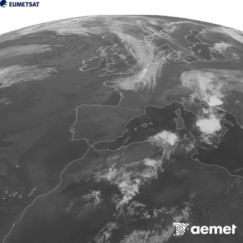 Irudi hau METEOSAT-12 satelitearen 10.5 �m Infragorri kanaleko informazioa erabiliz sortzen da, Meteosat (MTG) sateliteen hirugarren belaunaldikoa. Irudiak giza begiaren pertzepzioaren antz handiagoa izan dezan, grisen eskala alderantzizkoa da. Ordu horiek penintsulari dagozkio (ordubete gutxiago Kanariar Uharteetan).&nbsp;ostirala, 2026ko irailak 11, ordua: 02:00