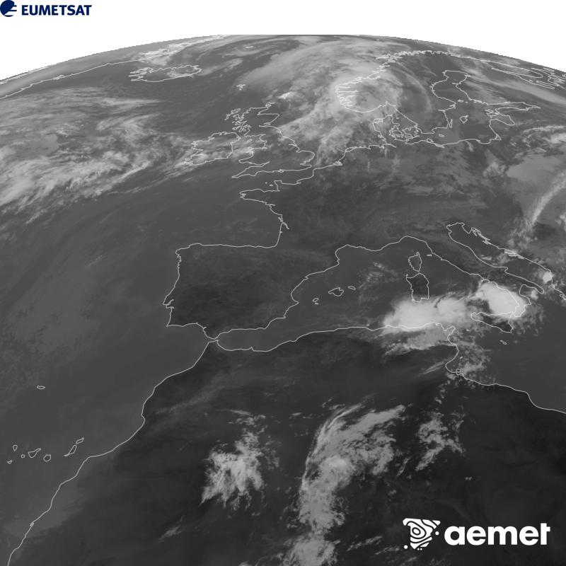 Esta imatge es genera utilitzant informaci� del canal Infraroig 10.5 �m del sat�l�lit METEOSAT-12, pertanyent a la tercera generaci� de sat�l�lits Meteosat (MTG). Perqu� la imatge s'assemble m�s a la percepci� de l'ull hum�, l'escala de grises est� invertida. Les hores indicades es referixen a la pen�nsula (una hora menys a les Illes Can�ries).&nbsp;dissabte, 12 de setembre  2026 11:00