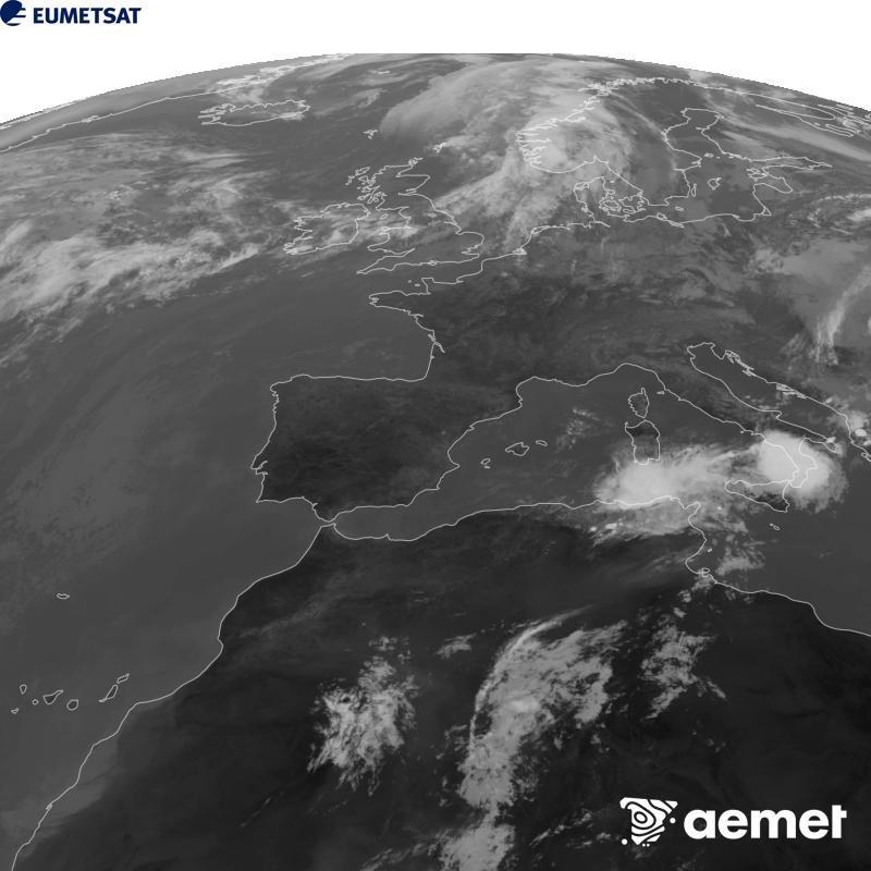 Esta imatge es genera utilitzant informaci� del canal Infraroig 10.5 �m del sat�l�lit METEOSAT-12, pertanyent a la tercera generaci� de sat�l�lits Meteosat (MTG). Perqu� la imatge s'assemble m�s a la percepci� de l'ull hum�, l'escala de grises est� invertida. Les hores indicades es referixen a la pen�nsula (una hora menys a les Illes Can�ries).&nbsp;dissabte, 12 de setembre  2026 12:00