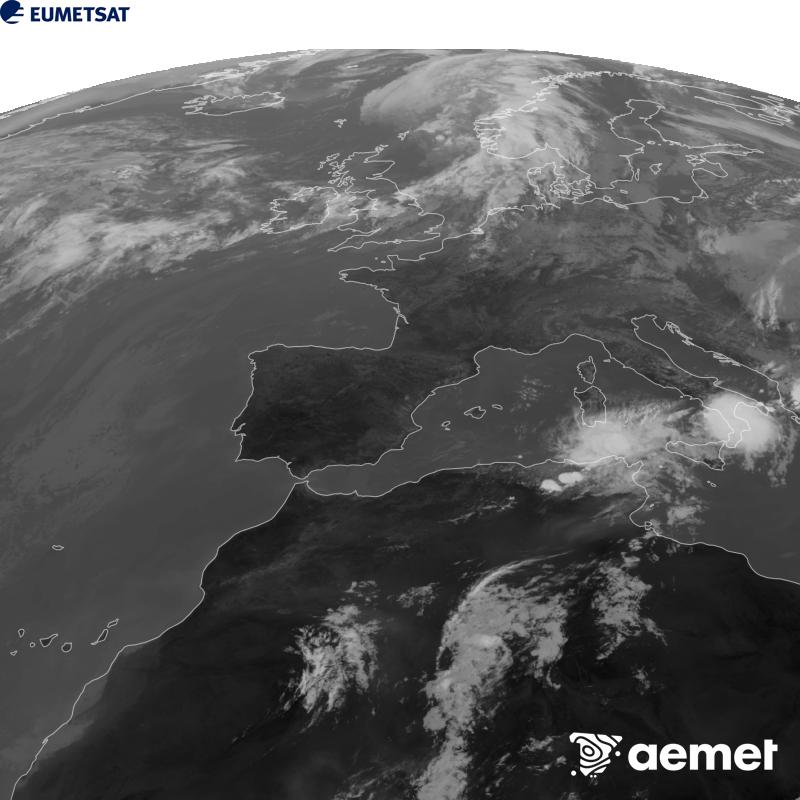 Esta imatge es genera utilitzant informaci� del canal Infraroig 10.5 �m del sat�l�lit METEOSAT-12, pertanyent a la tercera generaci� de sat�l�lits Meteosat (MTG). Perqu� la imatge s'assemble m�s a la percepci� de l'ull hum�, l'escala de grises est� invertida. Les hores indicades es referixen a la pen�nsula (una hora menys a les Illes Can�ries).&nbsp;dissabte, 12 de setembre  2026 13:00