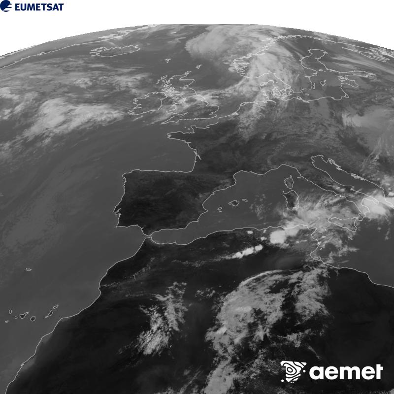 Esta imatge es genera utilitzant informaci� del canal Infraroig 10.5 �m del sat�l�lit METEOSAT-12, pertanyent a la tercera generaci� de sat�l�lits Meteosat (MTG). Perqu� la imatge s'assemble m�s a la percepci� de l'ull hum�, l'escala de grises est� invertida. Les hores indicades es referixen a la pen�nsula (una hora menys a les Illes Can�ries).&nbsp;dissabte, 12 de setembre  2026 15:00