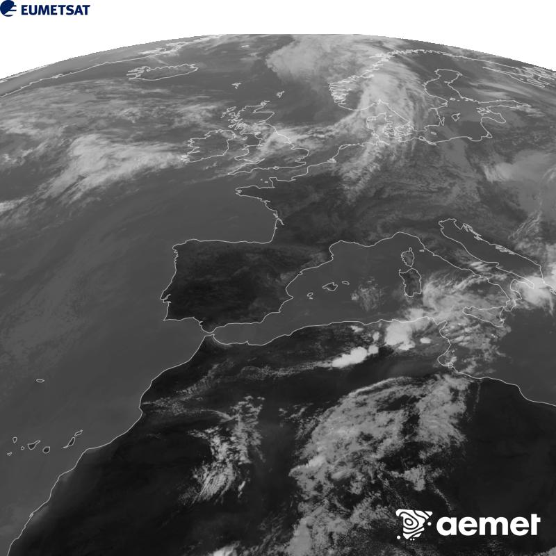 Esta imatge es genera utilitzant informaci� del canal Infraroig 10.5 �m del sat�l�lit METEOSAT-12, pertanyent a la tercera generaci� de sat�l�lits Meteosat (MTG). Perqu� la imatge s'assemble m�s a la percepci� de l'ull hum�, l'escala de grises est� invertida. Les hores indicades es referixen a la pen�nsula (una hora menys a les Illes Can�ries).&nbsp;dissabte, 12 de setembre  2026 16:00