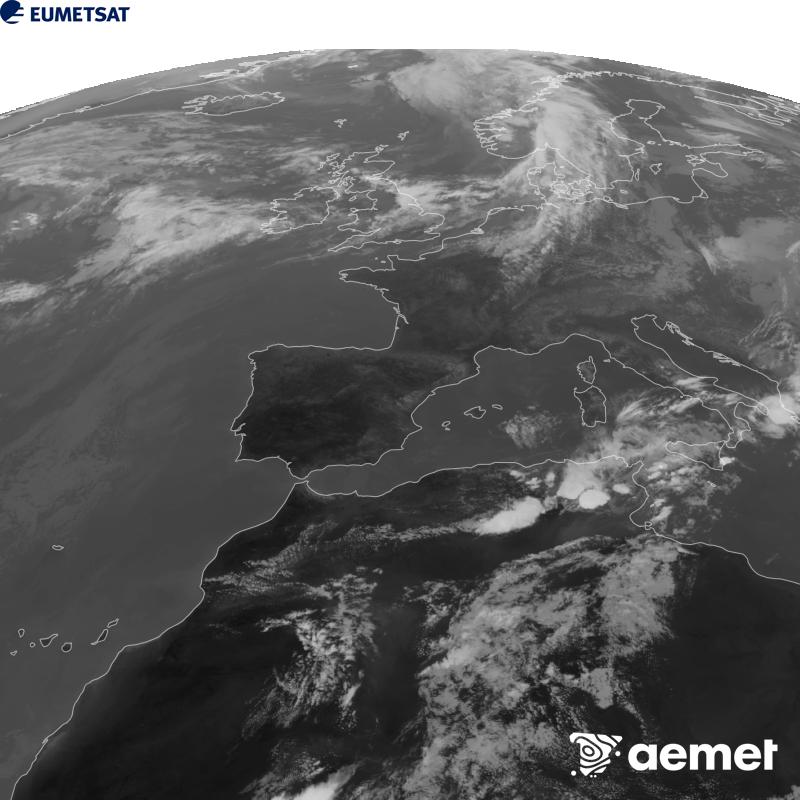 Esta imagen se genera utilizando informaci�n del canal Infrarrojo 10.5 �m del sat�lite METEOSAT-12, perteneciente a la tercera generaci�n de sat�lites Meteosat (MTG). Para que la imagen se asemeje m�s a la percepci�n del ojo humano, la escala de grises est� invertida. Las horas indicadas se refieren a la pen�nsula (una hora menos en las Islas Canarias).&nbsp;s�bado, 12 septiembre 2026 a las 17:00