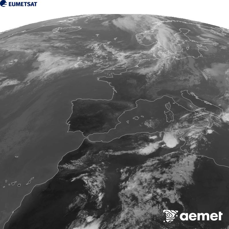 Esta imagen se genera utilizando informaci�n del canal Infrarrojo 10.5 �m del sat�lite METEOSAT-12, perteneciente a la tercera generaci�n de sat�lites Meteosat (MTG). Para que la imagen se asemeje m�s a la percepci�n del ojo humano, la escala de grises est� invertida. Las horas indicadas se refieren a la pen�nsula (una hora menos en las Islas Canarias).&nbsp;s�bado, 12 septiembre 2026 a las 18:00
