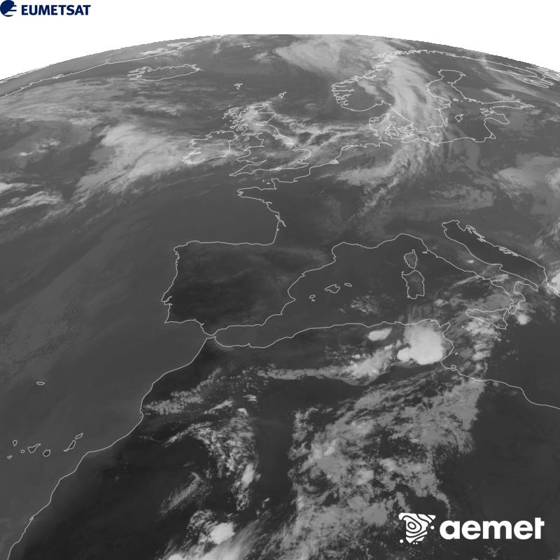 Esta imagen se genera utilizando informaci�n del canal Infrarrojo 10.5 �m del sat�lite METEOSAT-12, perteneciente a la tercera generaci�n de sat�lites Meteosat (MTG). Para que la imagen se asemeje m�s a la percepci�n del ojo humano, la escala de grises est� invertida. Las horas indicadas se refieren a la pen�nsula (una hora menos en las Islas Canarias).&nbsp;s�bado, 12 septiembre 2026 a las 19:00