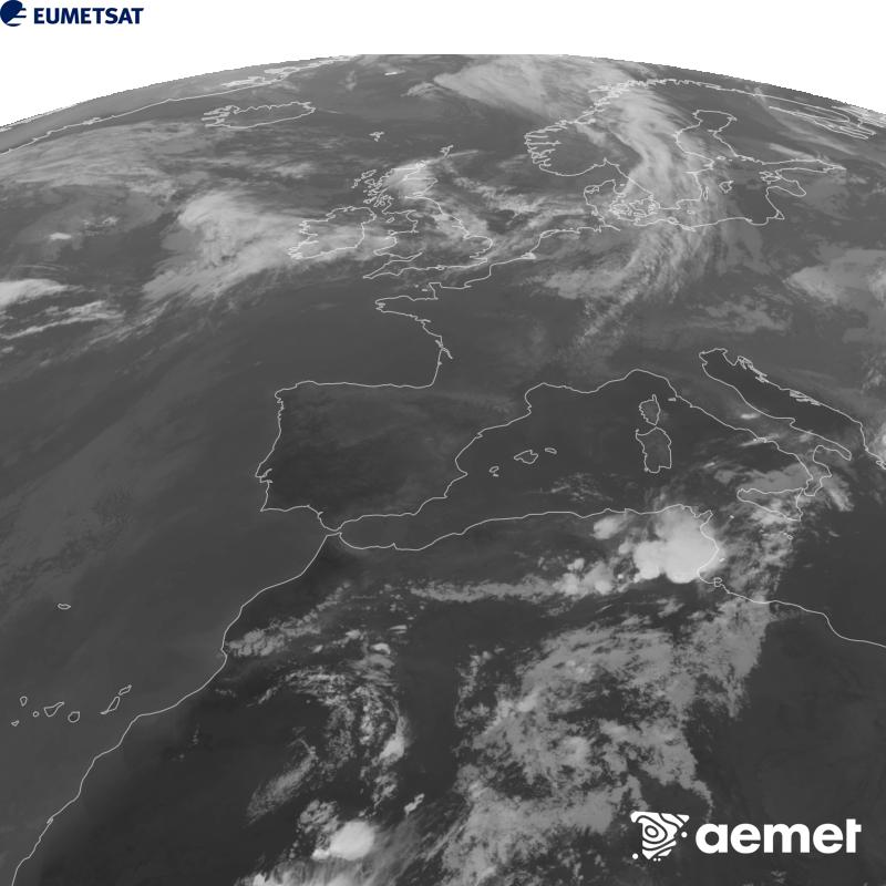 Esta imagen se genera utilizando informaci�n del canal Infrarrojo 10.5 �m del sat�lite METEOSAT-12, perteneciente a la tercera generaci�n de sat�lites Meteosat (MTG). Para que la imagen se asemeje m�s a la percepci�n del ojo humano, la escala de grises est� invertida. Las horas indicadas se refieren a la pen�nsula (una hora menos en las Islas Canarias).&nbsp;s�bado, 12 septiembre 2026 a las 20:00