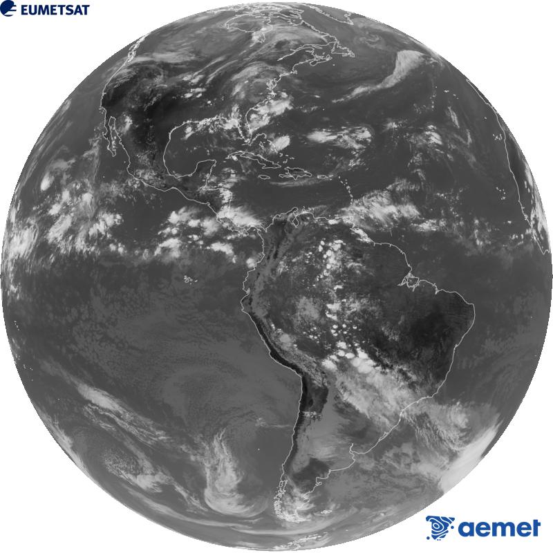 Imatge global del canal infraroig (longitud d'ona 10.3 �m) del sat�l�lit geoestacionari estatunidenc GOES-19. Les hores indicades es refereixen a la pen�nsula (una hora menys a les Illes Can�ries).&nbsp;dissabte, 12 de setembre  2026 20:00