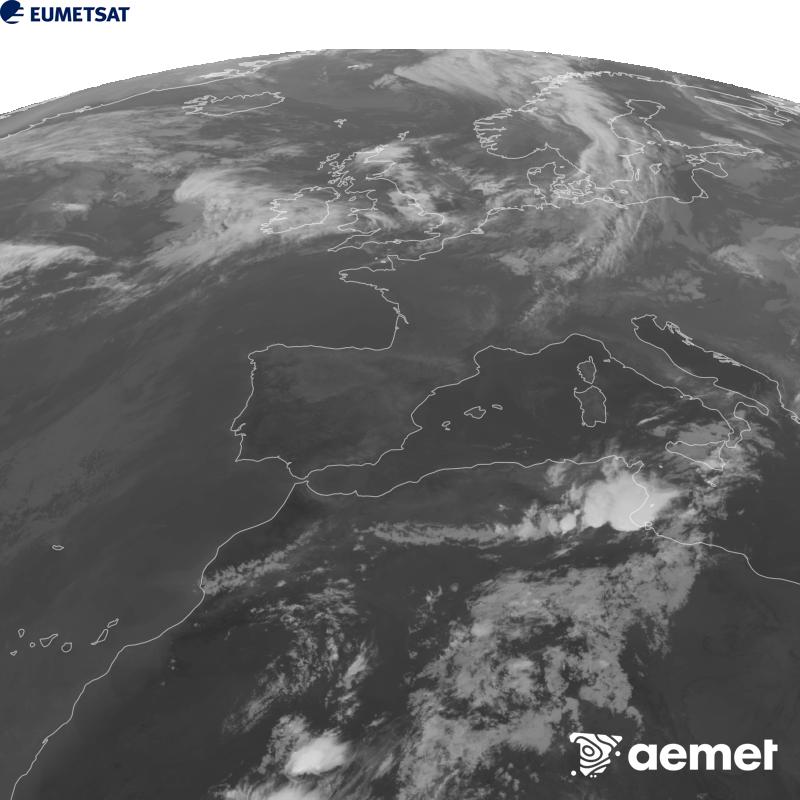 Esta imagen se genera utilizando informaci�n del canal Infrarrojo 10.5 �m del sat�lite METEOSAT-12, perteneciente a la tercera generaci�n de sat�lites Meteosat (MTG). Para que la imagen se asemeje m�s a la percepci�n del ojo humano, la escala de grises est� invertida. Las horas indicadas se refieren a la pen�nsula (una hora menos en las Islas Canarias).&nbsp;s�bado, 12 septiembre 2026 a las 21:00