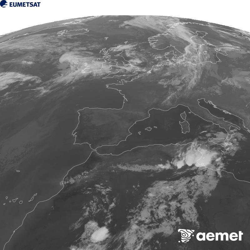 Esta imagen se genera utilizando informaci�n del canal Infrarrojo 10.5 �m del sat�lite METEOSAT-12, perteneciente a la tercera generaci�n de sat�lites Meteosat (MTG). Para que la imagen se asemeje m�s a la percepci�n del ojo humano, la escala de grises est� invertida. Las horas indicadas se refieren a la pen�nsula (una hora menos en las Islas Canarias).&nbsp;s�bado, 12 septiembre 2026 a las 22:00