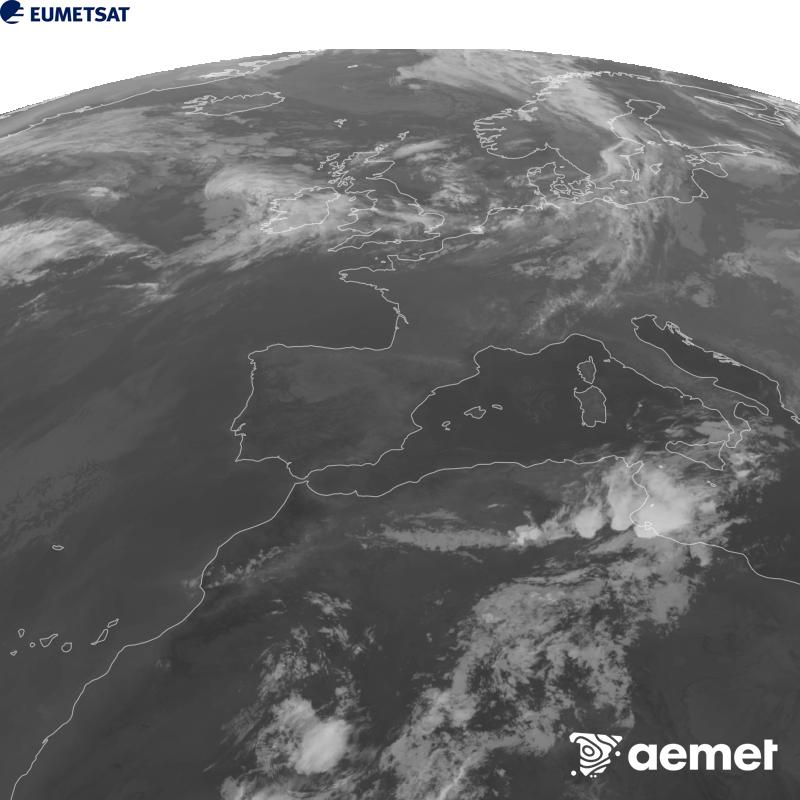 Aquesta imatge es genera utilitzant informaci� del canal Infraroig 10.5 �m del sat�l�lit METEOSAT-12, pertanyent a la tercera generaci� de sat�l�lits Meteosat (MTG). Perqu� la imatge s'assembli m�s a la percepci� de l'ull hum�, l'escala de grises est� invertida. Les hores indicades es refereixen a la pen�nsula (una hora menys a les Illes Can�ries).&nbsp;dissabte, 12 de setembre  2026 23:00