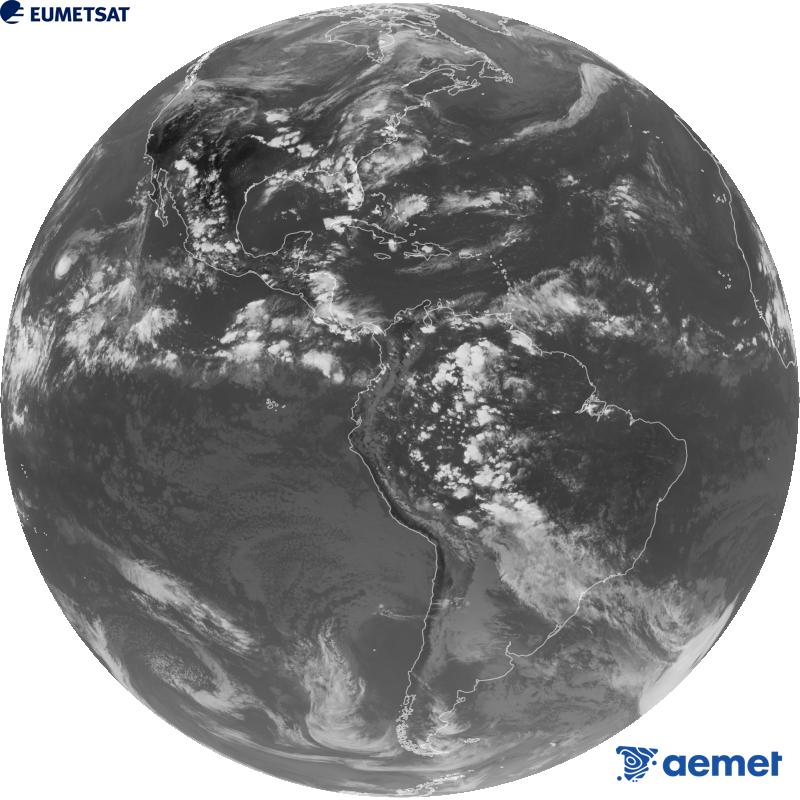 Imatge global del canal infraroig (longitud d'ona 10.3 �m) del sat�l�lit geoestacionari estatunidenc GOES-19. Les hores indicades es refereixen a la pen�nsula (una hora menys a les Illes Can�ries).&nbsp;dissabte, 12 de setembre  2026 23:00