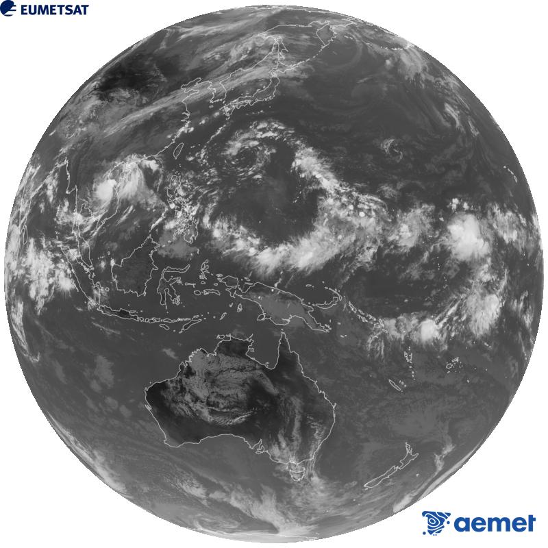 Imatge global del canal infraroig (longitud d'ona 10.4 �m) del sat�l�lit geoestacionari japon�s Himawari-9. Les hores indicades es refereixen a la pen�nsula (una hora menys a les Illes Can�ries).&nbsp;diumenge, 13 de setembre  2026 08:00