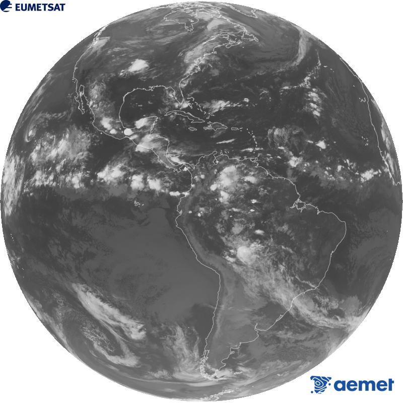 Imatge global del canal infraroig (longitud d'ona 10.3 �m) del sat�l�lit geoestacionari estatunidenc GOES-19. Les hores indicades es refereixen a la pen�nsula (una hora menys a les Illes Can�ries).&nbsp;diumenge, 13 de setembre  2026 08:00