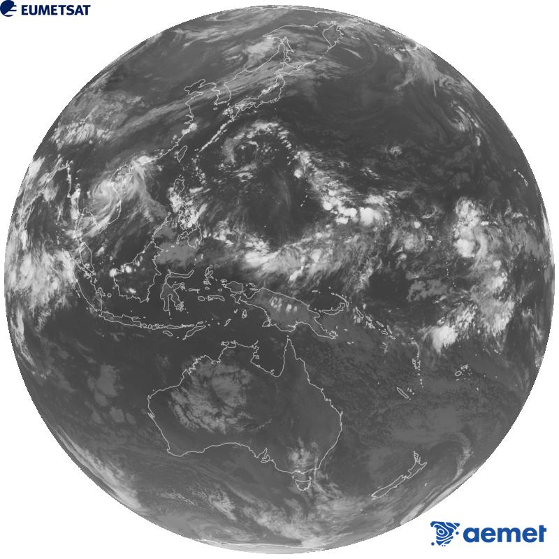Imatge global del canal infraroig (longitud d'ona 10.4 �m) del sat�l�lit geoestacionari japon�s Himawari-9. Les hores indicades es refereixen a la pen�nsula (una hora menys a les Illes Can�ries).&nbsp;diumenge, 13 de setembre  2026 14:00