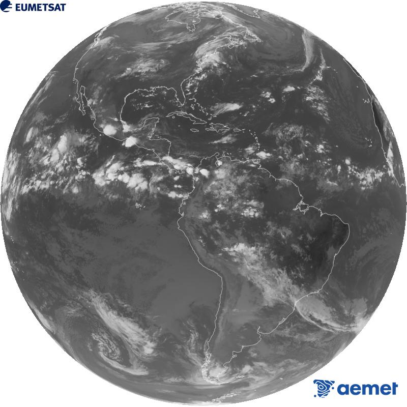 Imatge global del canal infraroig (longitud d'ona 10.3 �m) del sat�l�lit geoestacionari estatunidenc GOES-19. Les hores indicades es refereixen a la pen�nsula (una hora menys a les Illes Can�ries).&nbsp;diumenge, 13 de setembre  2026 14:00