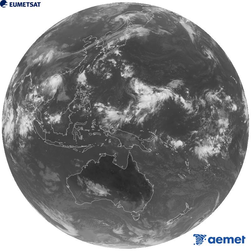 Imatge global del canal infraroig (longitud d'ona 10.4 �m) del sat�l�lit geoestacionari japon�s Himawari-9. Les hores indicades es refereixen a la pen�nsula (una hora menys a les Illes Can�ries).&nbsp;dilluns, 14 de setembre  2026 02:00