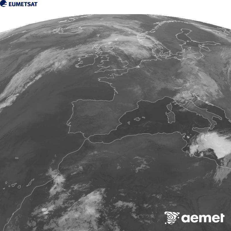 Esta imaxe x�rase utilizando informaci�n da canle Infravermella 10.5 �m do sat�lite METEOSAT-12, pertencente � terceira xeraci�n de sat�lites Meteosat (MTG). Para que a imaxe se asemelle m�is � percepci�n do ollo humano, a escala de grises est� investida. As horas indicadas ref�rense � pen�nsula (unha hora menos nas Illas Canarias).&nbsp;luns, 14 setembro  2026 05:00