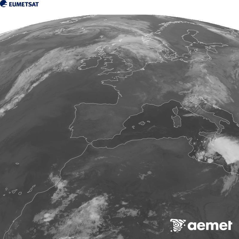 Esta imaxe x�rase utilizando informaci�n da canle Infravermella 10.5 �m do sat�lite METEOSAT-12, pertencente � terceira xeraci�n de sat�lites Meteosat (MTG). Para que a imaxe se asemelle m�is � percepci�n do ollo humano, a escala de grises est� investida. As horas indicadas ref�rense � pen�nsula (unha hora menos nas Illas Canarias).&nbsp;luns, 14 setembro  2026 06:00
