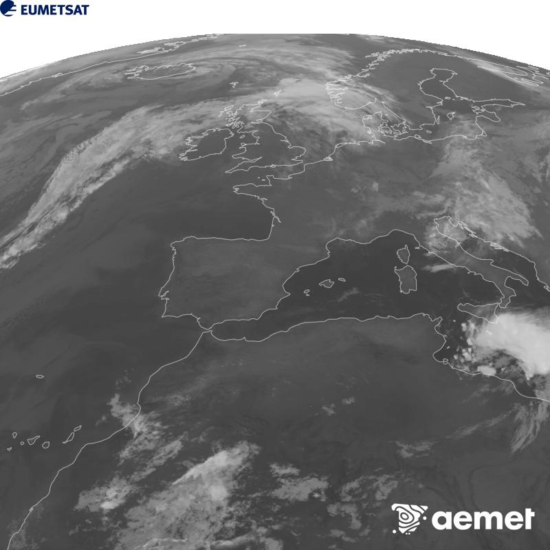 Esta imaxe x�rase utilizando informaci�n da canle Infravermella 10.5 �m do sat�lite METEOSAT-12, pertencente � terceira xeraci�n de sat�lites Meteosat (MTG). Para que a imaxe se asemelle m�is � percepci�n do ollo humano, a escala de grises est� investida. As horas indicadas ref�rense � pen�nsula (unha hora menos nas Illas Canarias).&nbsp;luns, 14 setembro  2026 07:00